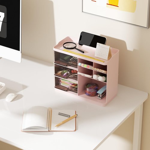 REAXYZNN Makeup Organizer with Drawers, Multi-Function Vanity Organizer Countertop, Stackable Lipstick Organizer for Makeup Brush Skincare, Pink