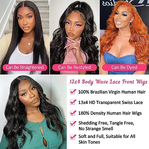 Body Wave Lace Front Wigs Human Hair 13x4 HD Transparent Lace Frontal Wigs for Black Women 180% Density Glueless Wigs Human Hair Pre Plucked with Baby Hair (24inch)