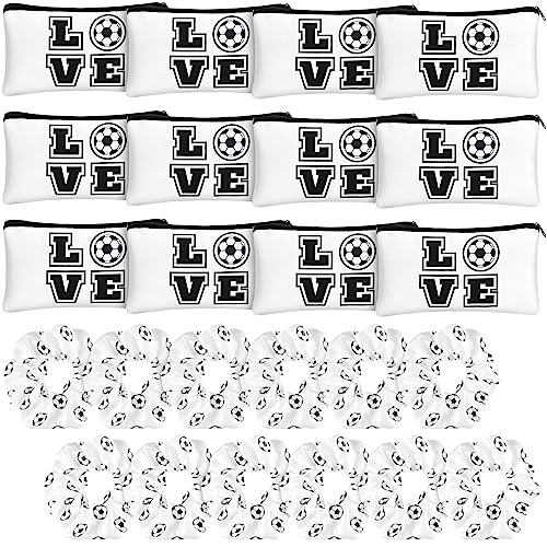 Sweetude 24 Pcs Soccer Gifts 12 Makeup Bag 12 Satin Scrunchies for Girls Portable Cosmetic Travel Bag Elastic Hair Ties Soccer Favors for Women Girls Team Players(White)