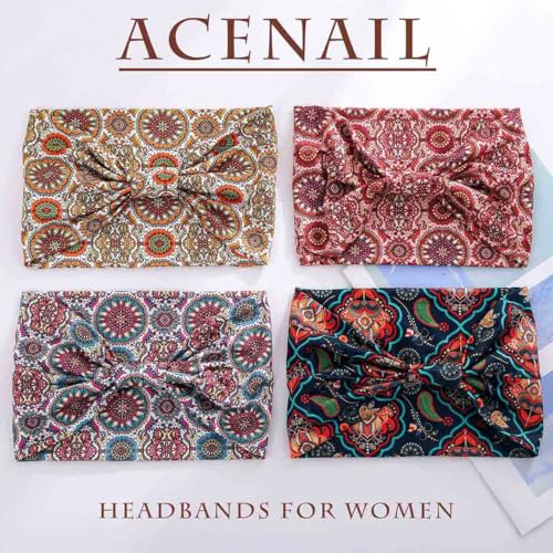 Acenail Wide Headbands Women Boho Turban Knotted Headband Floral Elastic Non Slip Hairband Workout Yoga Head Scarfs Bohemian Headwraps Fashion Hair Accessories for Women 4Pcs (Stylish)