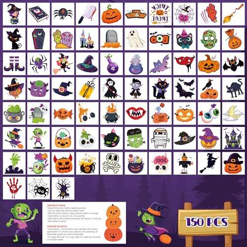 Halloween Party Favors - 150 PCS Halloween Tattoos for Kids | Womens Halloween Costumes 2025 - Halloween Games Treats Toys Gifts Crafts Party Supplies - Halloween Shirts Makeup Pajamas for Adult