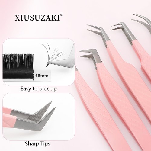 Lash Tweezers For Eyelash Extensions Fiber Tip Lash Tweezers Pink Straight/Curved Tweezer(Pink,X06)