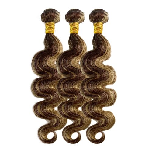 Dokksiiia Honey Blonde Body Wave Bundles Human Hair Ombre P4/27 Dark Brown and Honey Blonde (#4 & #27) Mix Highlight Piano Color Bundles Brazilian Human Hair Extensions 10 12 14 Inch for Black Women