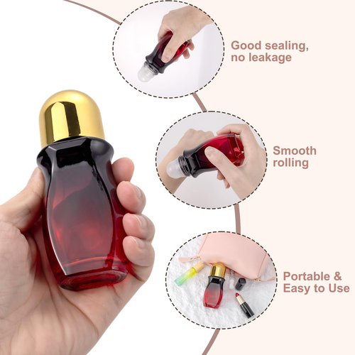 Kesell 2Pcs Glass Roller Bottles 50 ml Gradient Red Roll on Bottle with Plastic Roller Ball and Opener Empty Roller Ball Deodorant Container for Essential Oils, Perfume (Gold Lid)