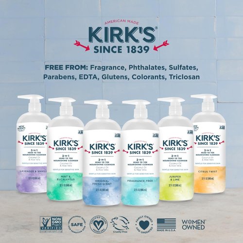 Kirk's 3-in-1 Head to Toe Nourishing Liquid Cleanser & Travel Size Bar Soap - for Men, Women & Children - Premium Coconut Oil and Aloe Vera- Non GMO & Vegan -Original Fresh Scent - 32 Fl Oz. 2 pack