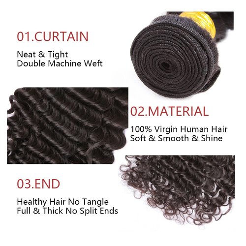Deep Wave Bundle Natural Black Human Hair Bundle 100% Unprocessed Virgin Hair Brazilian Double Weft Extensions 16 Inch For Women