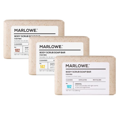 MARLOWE. No.102 Men’s Body Scrub Soap (Variety Trio) – Best Exfoliating Bars with Natural Ingredients & Green Tea Extract, 3 Amazing Scents, Holiday Gift, Stocking Stuffer for Men