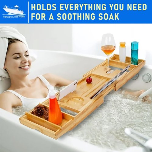 TranquilTideHome Foldable Bathtub Tray Expandable to 109cm with Bath Bomb and Scented Candle, Adjustable, Waterproof Bamboo Bathtub Caddy with Anti Slip Grip Pads for Home Spa
