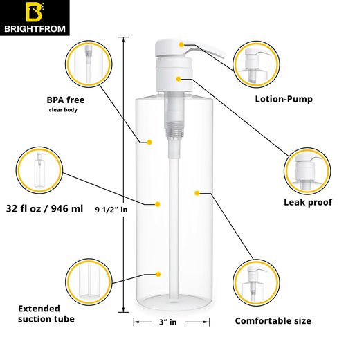 BRIGHTFROM Empty Shampoo Pump Bottles, 32 OZ / 1 Liter, BPA-Free Cylinder Containers, Household & Commercial Use, 2 Pack - Leak Proof