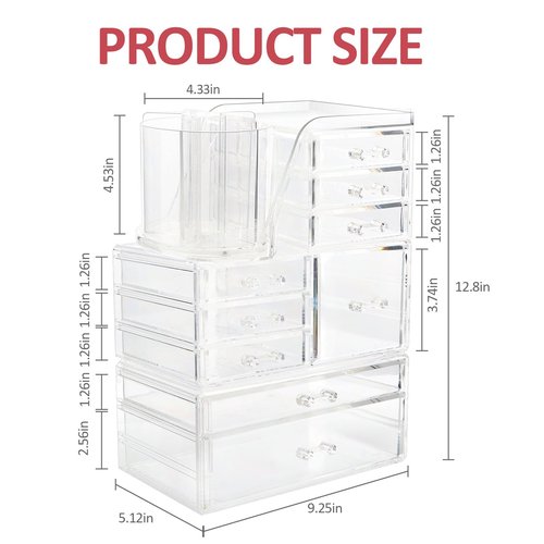 AUOIKK Clear Makeup Organizer with 9 Drawers & Rotating Brush Holder - Large Capacity Cosmetic Display Cases Storage for Vanity, Countertop, Bathroom, Lipstick and Skincare Organization