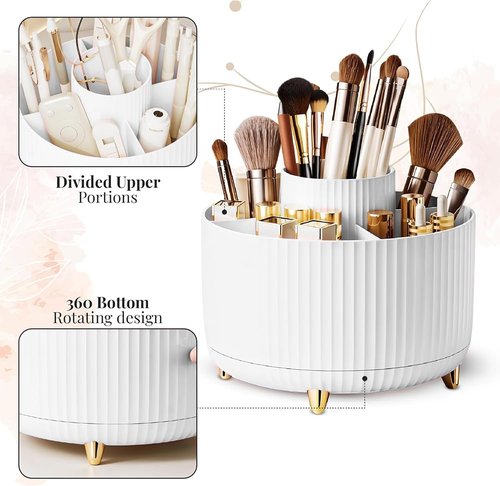 WILL OAK Makeup Brush Organizer - Large Compartment Cosmetic Organizer -Eyeliner, Nail Polish, Art Supply, Bathroom Vanity Desktop Organizer (White)