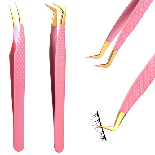 TIESOME Lash Tweezers for Eyelash Extensions, 2 PCS Pink Stainless Steel Eyelash Tweezers Set Premium Curved Tip Precision Lash Tweezer Professional False Eyelashes Application Tools