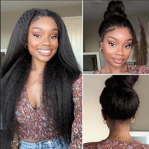 13x6 Lace Frontal Human Hair Kinky Straight 22 Inch HD Transparent Ear to Ear Lace Closure With Baby Hair Free Part 100% Virgin Human Hair Frontal Natural Black