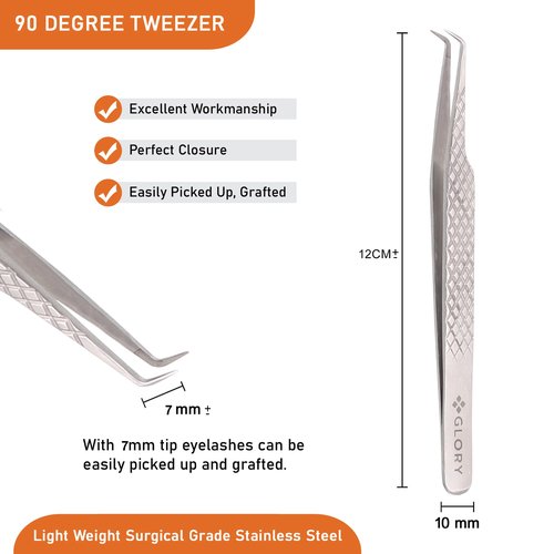 Glory 90 Degree Angle Lash Tweezers for Eyelash Extensions – Precision Fiber Tip Diamond Grip Stainless Steel Lash Tool for Mega Volume Classic & Professional Lash Tech Supplies