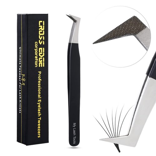 My Lash Tools Fiber Tip Lash Tweezers for Eyelash Extensions Pro Tweezer for Volume Lashes Japanese Stainless Steel Mink Lashes Fan Making Mega Volume Boot Angled Lashing Tweezers (Black)
