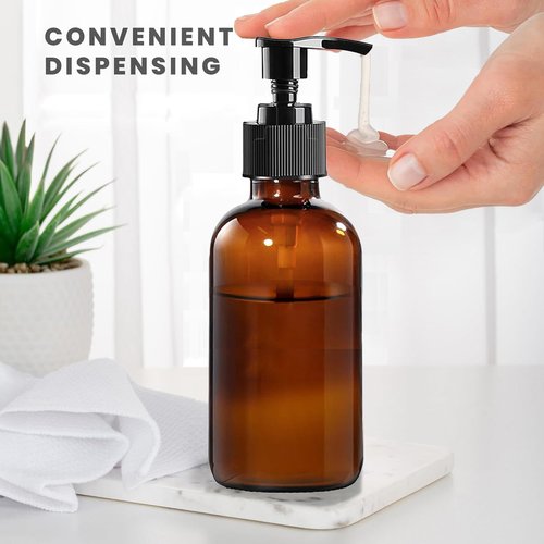 BPFY 12 Pack 8 oz Amber Glass Bottles with Pumps for Essential Oils, Cleaning Products, Lotions, Aromatherapy Oil, Pump Bottles, Refillable Containers with Cap, Funnel, 12 Chalk Labels, 1 Pen