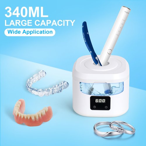 Retainer Ultrasonic Denture Cleaner Machine, 49kHz Dental Night Guard Cleaning Tablets Ultra Sonic Dental Tools for Aligner, Braces, Toothbrush Head & Jewelry with Digital Timer & 3 Mode White