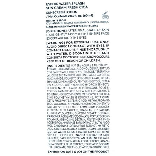 Espoir Water Splash Sun Cream Fresh Cica 2 oz SPF50+ PA++++ | Moisturizing and Soothing Vegan Sun Block Skin Care with Green Tea Cica | Substitute Sunscreen for BB Cream | Korean Base Makeup