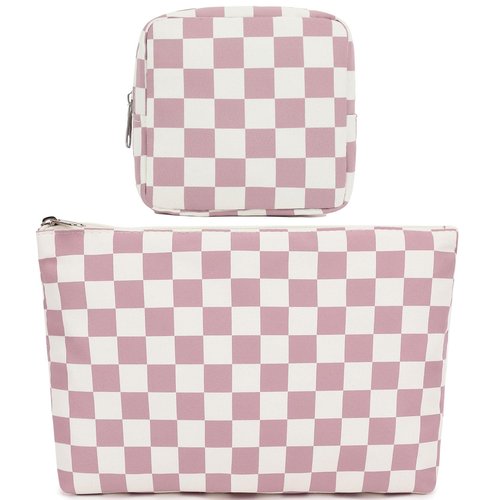 Fammart Checkered Makeup Bag, Travel Cosmetic Bag Organizer Toiletry Bag Make Up Bags with Zipper & Compartments for Women Girls, 2PCS