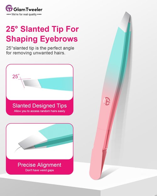 Exclusive G-01 Slant Tip Tweezers, GlamTweeler High Precison Expert Eyebrow and Facial Hair Removal Tweezer with Leather Storage & Carrying Case