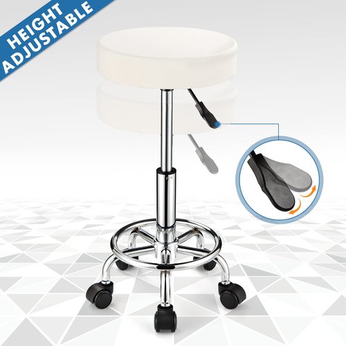 FNZIR Adjustable Stool with Wheels, Modern Round Rolling Stool for Spa Salon Massage Office, White PU Leather Seat, 250 lbs Capacity