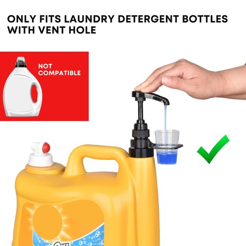 Vent Hole Pump for Liquid Laundry Detergent Bottle Dispenser Pump with Cup Holder and Measuring Cup, Ideal for Laundry Room Accessories Storage Organization, Made to Fit All, 1 Pack, Black