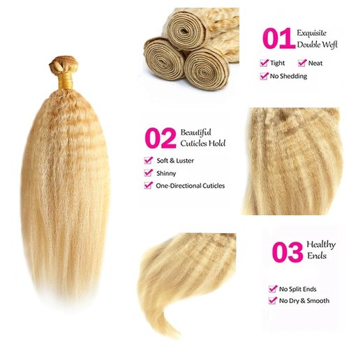 P27/613 Highlight Blonde Bundles Human Hair Honey Blonde Yaki Straight Bundles 28 Inch Unprocessed Brazilian Virgin Hair 1 Bundle 50 Gram Per Bundle Deals Quick Weave Hair Extensions