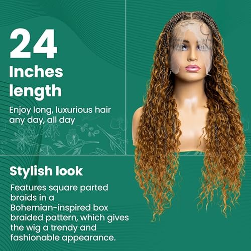 PIB 24" - Single Full Lace Braid Wig ? Boho Box Braided Wig Square Parted, Knotless Braided Wigs for Black Women, Synthetic Lace Wigs with Natural Baby Hair (1B27, Off Black and Light Brown)