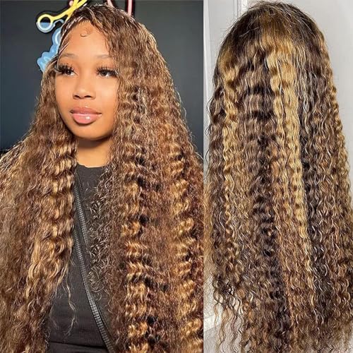 Honey Blonde 13x4 Deep Wave Lace Front Wigs Human Hair Highlight Ombre Curly Human Hair Wig HD Transparent Frontal Wigs for Women 180 Density P4/27 Pre Plucked with Baby Hair 22 Inch