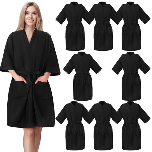 Toulite 8 Pieces Salon Robes Smock for Clients Hair Salon Gown Cape Black Barber Smock Kimono Style Hair Stylist for Clients(2 Pockets)