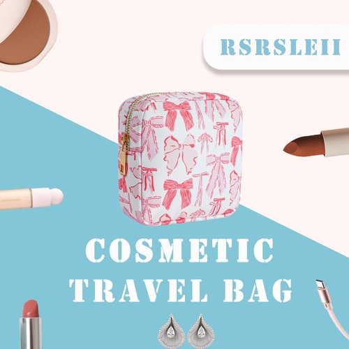 RSRSLEII Small Waterproof Nylon Makeup Bag with Bow Pattern, Aesthetic Cosmetics Pouch and Toiletry Bag for Travel, Cute Makeup Organizer Storage Pouch for Women Girls(04Red Bow)