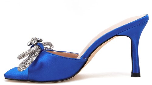 VETASTE Women's Heeled Sandals Square Open Toe Double Bow Satin Mules Heels Wedding Party Slip on Stilettos