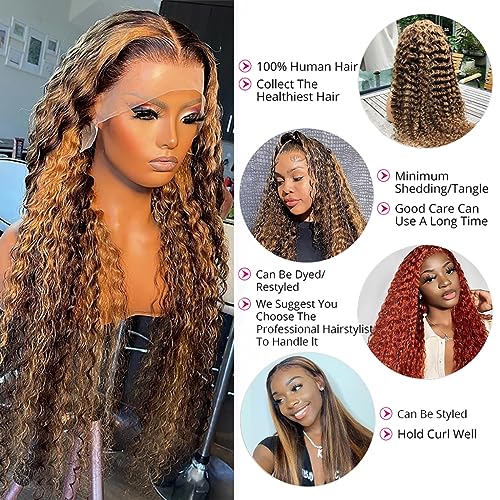 30 Inch 4/27 Highlight Ombre 13x6 Lace Front Wigs Human Hair Deep Wave Wig for Black Women Pre Plucked with Baby Hair 180% Density Brazilian Virgin Deep Curly Lace Frontal Wet and Wavy Human Hair Wigs