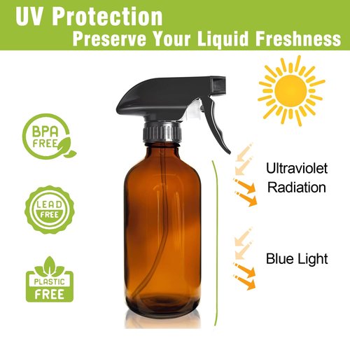 8OZ Amber Glass Spray Bottles - 2 Pack - Empty Refillable Bottle for Essential Oils, Plants, Cleaning Solutions, Hair Mister - Durable Nozzle w/Fine Mist and Stream Setting