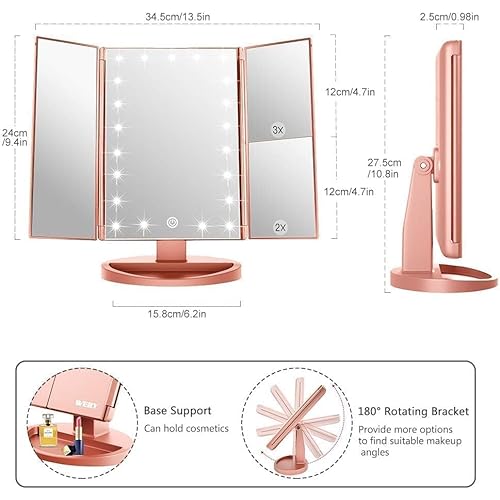 WEILY Makeup Mirror with 21 LED Lights,Two Power Supply Modes, Adjustable Touch Screen and 1x/2x/3x Magnification Tri-Fold Vanity Mirror,Chargeable Travel Cosmetic Mirror for Desktop(Rose Pink)