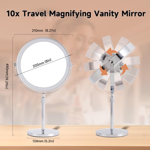 1X/10X Magnifying Makeup Mirror with Lights - 8" Dual-Sided Vanity Mirror with 3 Color Lights for Women's Travel Cosmetic Mirror & Gift | 3000 mAh-USB Rechargeable | 360° Rotation | Adjustable Height