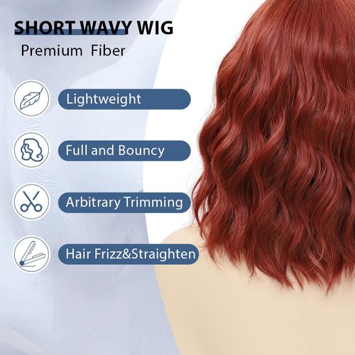 LOSMOEER Auburn Wig with Bangs Short Wavy Copper Red Wigs for Women Shoulder Length Curly Bob Wigs Heat Resistant Synthetic Wigs for Halloween Cosplay Daily Party Use