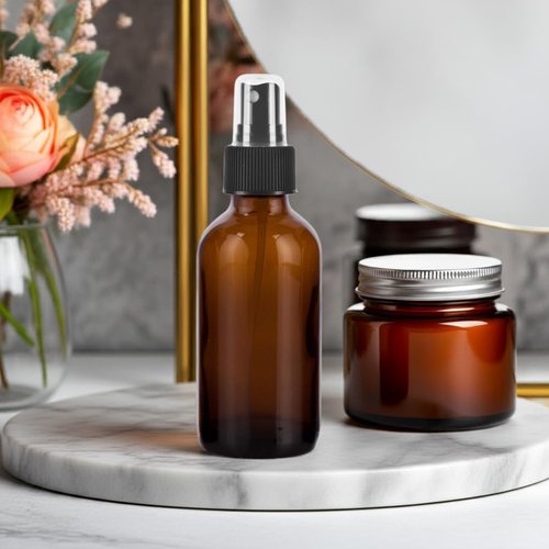 JUVITUS 4 oz Amber Glass Boston Round Bottle with Fine Mist Black Spray (4 pack) + Funnel