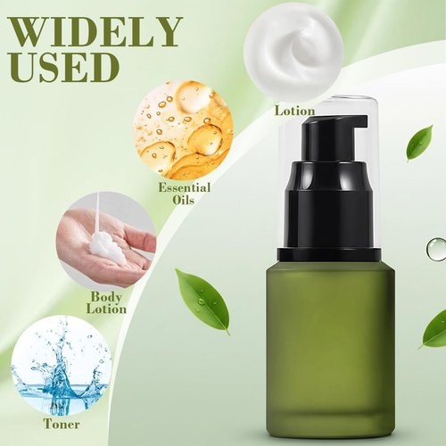 VASANA 1PCS 30ml/1oz Empty Refill Frosted Green Glass Cream Lotion Pump Bottle Cosmetic Makeup Emulsion Toiletries Liquid Storage Holder Travel Packing Container With Clear Dust Cap (30ml Green)