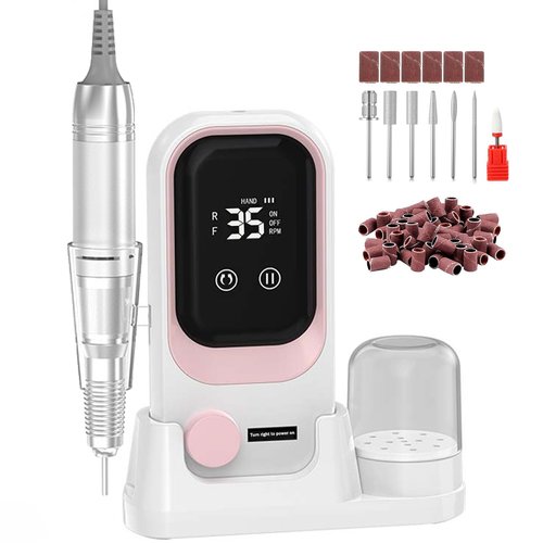 Portable Electric Nail Drill, 35000 RPM Professional Electric Nail File, Cordless Nail Drill with Bits & Base (White & Pink)
