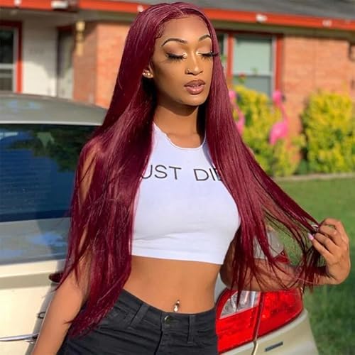SUPERNOVA 99J Burgundy Lace Front Wigs Human Hair 4x4 HD Straight Wigs with Baby Hair 180% Density Red Wine Colored Wigs for Women 22 Inch