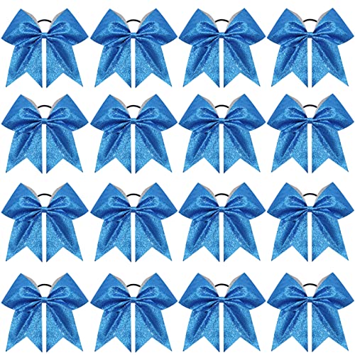 16PCS 8" Large Glitter Cheer Bows for Cheerleaders, CN Sparkly Hair Bows with Elastic Hair Ties Accessories for Teens Girls Women Cheerleading Softball Competition Sports (Blue)