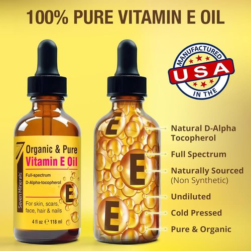 Seven Minerals Ultra Pure Vitamin E Oil - Full-Spectrum D-Alpha Tocopherol per 4 Oz Bottle - 100% Organic Vitamin E Oil for Skin, Face, Hair and Scars - Naturally Occurring=Not Synthetic