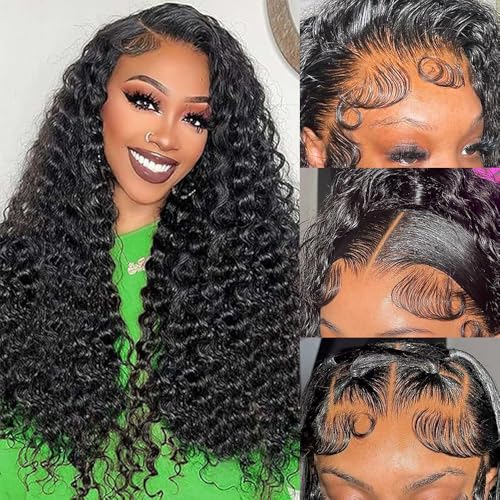Deep Wave Lace Front Wigs Human Hair Deep Wave Wig 200% Density Curly Glueless Lace Front Wig Human Hair 13x4 HD Lace Frontal Wigs Wigs for Black Women Pre Plucked 18 Inch