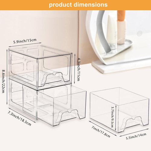 KOKOIN Stackable Makeup Organizer Storage Drawers Set of 4, Clear Plastic Organizer Bins for Beauty Supplies,Ideal for Vanity, Bathroom,Cabinet,Pantry Organization (4 Short)