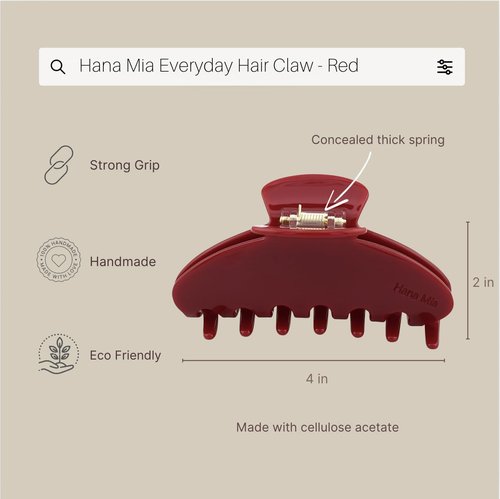 Hana Mia Premium Durable Acetate Hair Claw - 4 Inch Red Claw Clip For Women | Cute Clip For Thick Or Thin Hair | Large Hair Claws | (Red)