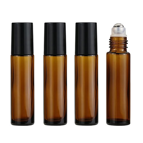 Jizlan 4 Pack 10ml Oil Essential Stainless Roller Bottles, Refillable Amber Glass Roller Bottles for Travel, Perfume and Lip Gloss with Steel Roller Balls and Caps