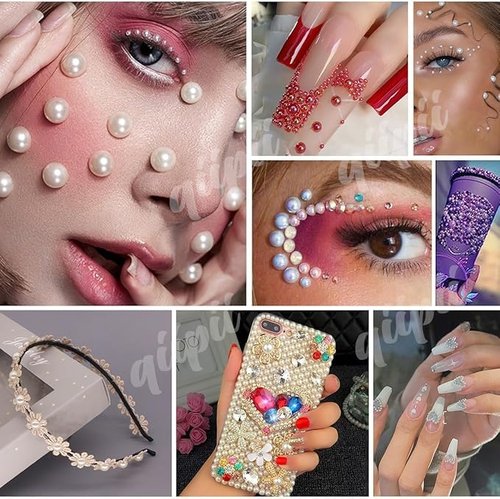 qiipii 3mm-10mm Flatback Pink Pearls and Resin Rhinestones w B7000 Jewelry Glue for Bedazzling Crafting White AB Half Pearls Gems Stones Diamonds Charms for Face Eyes Makeup Tumblers Bottles Beauty