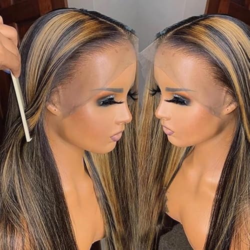 Highlight Ombre Lace Front Wig Human Hair 28 Inch Black Mixed Honey Blonde #1B/30 Colored Pre Plucked Bleached Knots 13x4 HD Transparent Lace Front Wigs 150% Density for Women Glueless Virgin Hair