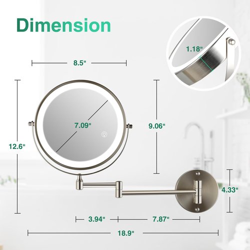 VORREMIRR 8.5 Inch Rechargeable Wall Mounted Makeup Mirror Brushed Nickel, Double Side Dual-Touch 1X/10X Magnifying Mirror with Light, 3 Color Lights 360°Swivel Extendable Bathroom Mirror